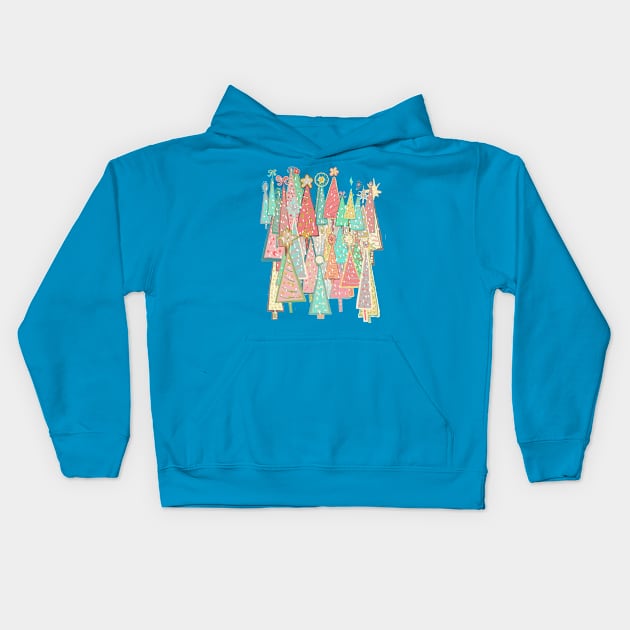 Vintage midcentury pink aqua Christmas trees snowy holiday. Kids Hoodie by Peaceful Pigments